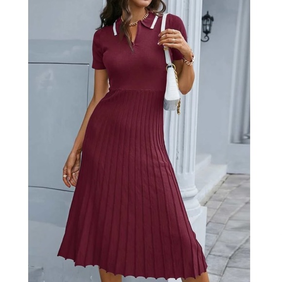 Dresses & Skirts - Color block collar pleated sweater dress burgundy